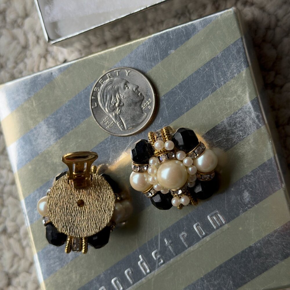 Vintage Napier Gold with Faux Pearls & Black Gems Costume Clip On Earrings - Picture 2 of 3